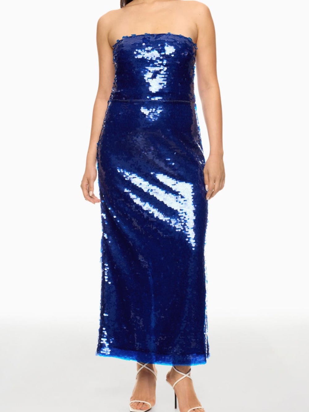 ML Monique Lhuillier Mira Strapless Blue Sequin Column Gown Size 4 NWOT